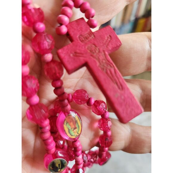 Pink Fuchsia Cross Necklace – Etched Wooden Crucifix with Plastic & Wood Beads - Picture 8 of 10